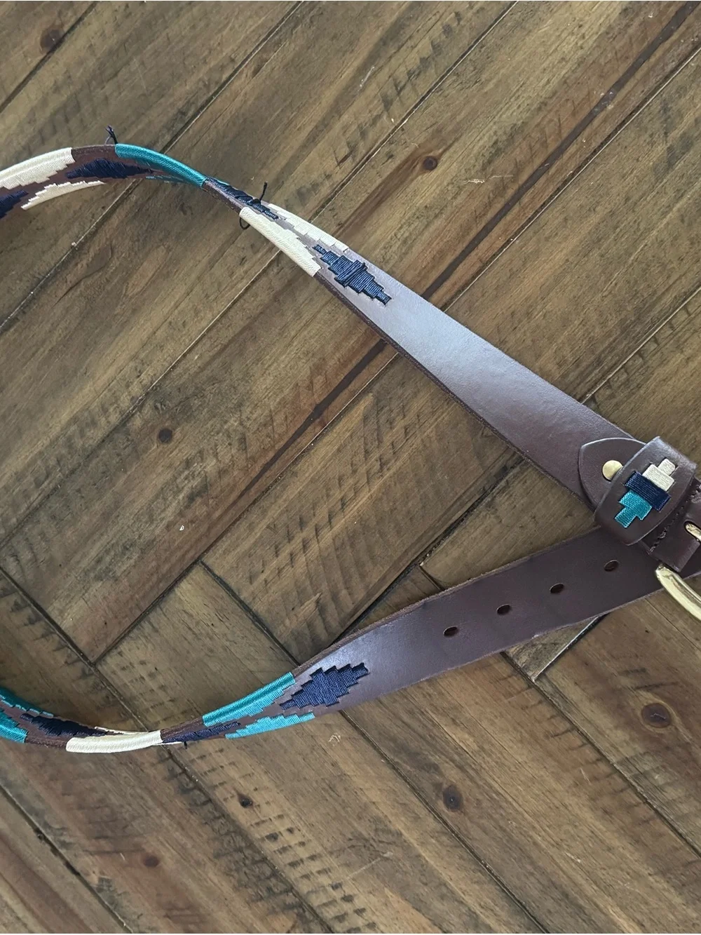 Brown Leather Women’s Belt with Teal & Cream Embroidery